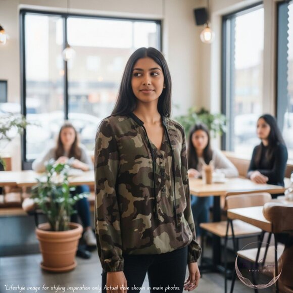 New York & Company Camo Print Blouse – Size M | Long Sleeve V-Neck Tunic - NWT - Picture 3 of 8